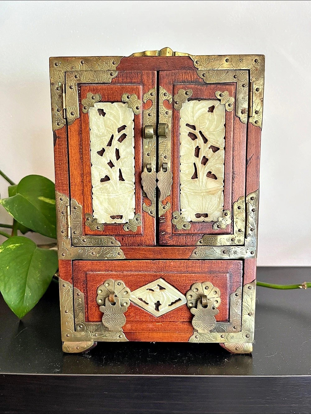 Wooden  Brass and Jade Jewelry Organizer Chest Red Lined